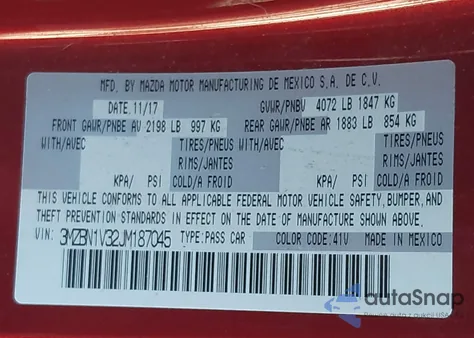 2018 Mazda Mazda3 Touring из США, поврежденный, VIN 3MZBN1V32JM187045